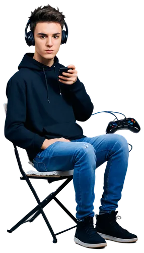 Young adult, male, gaming setup, LED lights, headphones, mic, gaming chair, casual wear, black hoodie, ripped jeans, sneakers, holding controller, intense facial expression, messy short hair, bright e