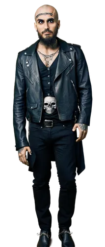 Skull head, top hat, tattooed face, rugged beard, bold eyebrows, piercing eyes, black leather jacket, silver chain necklace, muscular arms, crossed legs, confident pose, dim lighting, cinematic compos