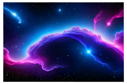 Space nebula background, vibrant purple pink gas clouds, stars twinkling, celestial bodies, swirling mist, glowing blue center, intricate texture, soft focus, ethereal atmosphere, panoramic view, 3/4 