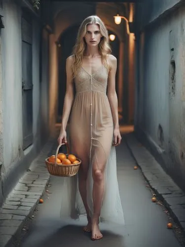 The picture shows a young skinny woman with long, platinum blonde hair standing in a narrow, dark corridor or street. There is a gloomy, mysterious atmosphere. The woman is wearing a long, fully trans