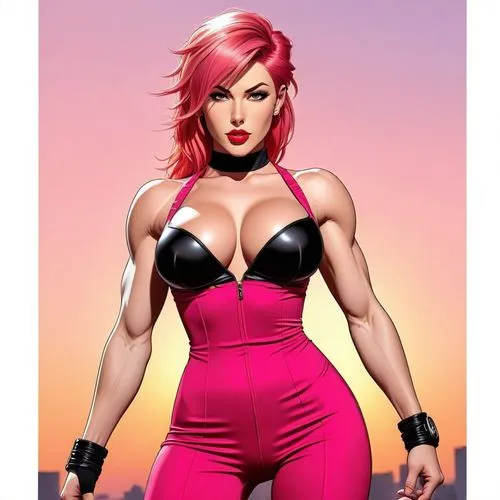 (((Big muscles), blonde hair, (toned physique, bigger boobs, shredded), corsette, business clothes)
, clad in vibrant hues. The sun sets behind them, casting an orange and red glow over the scenery. L