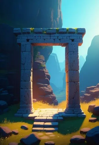 2D concept art, ancient Achaemenid magical portal made with stones, flat lighting, atmospheric, highly detailed,a computer generated image of a landscape with stone pillars,stone gate,gateway,ancient 