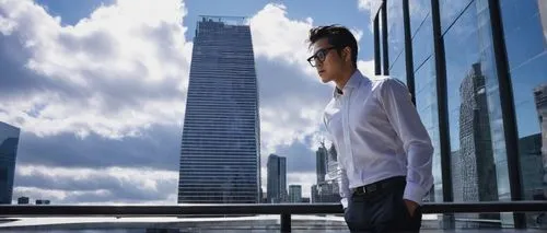 Modern architectural facade designer, male, 30s, stylish hair, black-rimmed glasses, professional attire, white shirt, black tie, dark blue suit pants, leather shoes, standing, urban cityscape, skyscr