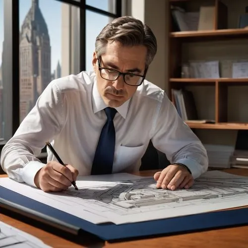 Middle-aged man, architect, sitting, serious facial expression, black-framed glasses, short brown hair, white shirt, dark blue tie, formal black pants, leather shoes, holding a pen, working on a large