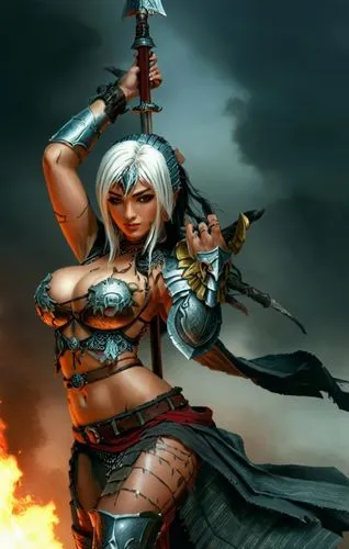 A female warrior wearing little clothing, showing off her flesh and full breasts, she is an oriental woman with white skin, her breasts exposed, naked and her face exposed.,a woman dressed in warrior 