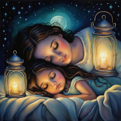 little girl and mother,romantic night,oil painting on canvas,angel lanterns,little angels,comforter,blue pillow,bedding,candlemas,good night,mother with child,capricorn mother and child,star mother,night scene,romantic portrait,mother and daughter,fireflies,romantic scene,sleeping room,young couple,Conceptual Art,Daily,Daily 34