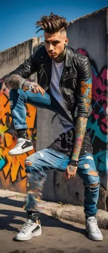 Urban graffiti artist, young adult male, athletic build, bold hairstyle, colorful tattoos on arms, ripped denim jeans, black leather jacket, spray paint can in hand, creating vibrant street art, citys