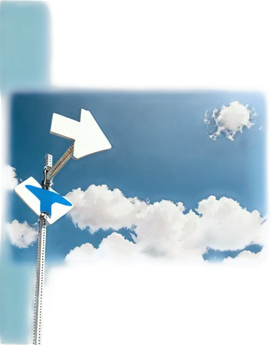 Directional arrow, signpost, roadsign, blue sky, fluffy white clouds, sunny day, 3D metal material, reflective surface, morning light, low-angle shot, cinematic composition, shallow depth of field, wa