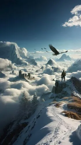 above the clouds,sea of clouds,icewind,messner,cloud mountains,snow mountains,cloud mountain,snow landscape,fantasy picture,antartica,cloudbase,fantasy landscape,mountain world,mountain tundra,mountain scene,over the alps,high alps,alpine crossing,glaciations,alpine landscape