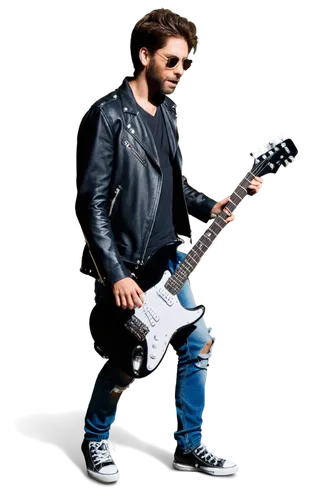 male musician, rockstar, messy brown hair, sunglasses, beard, leather jacket, black t-shirt, ripped jeans, Converse shoes, holding guitar, playing solo, spotlight, dark background, dramatic lighting, 