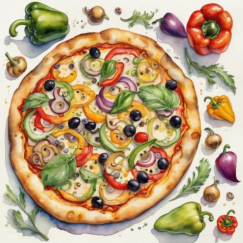 Recipe watercolor, A whimsical watercolor illustration of a veggie lover's pizza, showcasing a colorful assortment of bell peppers, mushrooms, onions, and olives on a golden crust. HD 16K,california-s