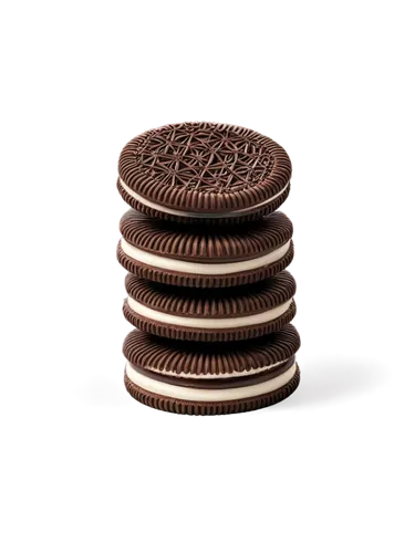 Twisted Oreo cookie, transparent background, cream filling visible, dark chocolate wafers, round shape, smooth surface, high-angle shot, close-up view, shallow depth of field, softbox lighting, vibran