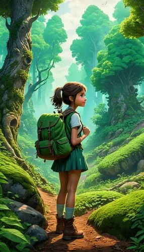 arrietty,cartoon video game background,saria,children's background,studio ghibli,ghibli,nissa,lavagirl,hiker,wander,explorer,dora,adventurer,green wallpaper,forest background,frog background,forest path,sylvania,forest walk,world digital painting,Photography,General,Realistic