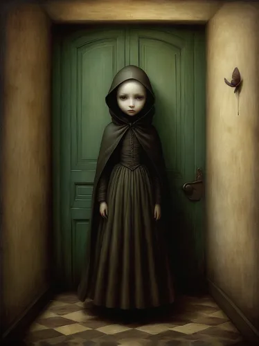 Imagine a horror movie scene where Diogo Alves lurks in the shadows, preying on unsuspecting victims.,gothic portrait,creepy doorway,the little girl's room,wooden doll,doll's house,the little girl,got