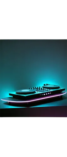 DJ booth, dark silhouette, neon lights, futuristic console, metallic surface, sleek lines, spinning turntables, flashing buttons, glowing LED lights, misty atmosphere, low-key lighting, 3/4 compositio