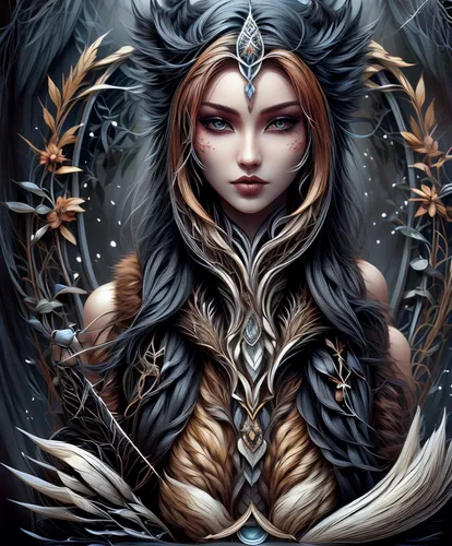 fantasy art,female warrior,warrior woman,dark elf,sorceress,fantasy portrait,the snow queen,dark angel,the enchantress,heroic fantasy,ice queen,elven,priestess,crow queen,huntress,fantasy woman,fantasy warrior,celtic queen,dryad,feather headdress