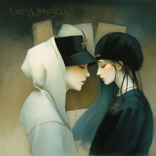 a painting shows two women wearing nun robes and hats, one in black with a veil,monjas,cocorosie,agylla,nuns,annulment,noblewomen,Illustration,Realistic Fantasy,Realistic Fantasy 16