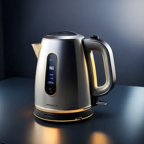 an open silver and black electric kettle on top of table,delonghi,coffeemaker,coffee maker,coffee percolator,keurig,coffee pot,Photography,General,Cinematic