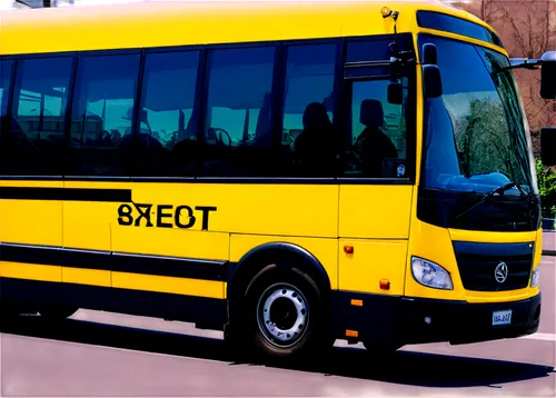 Yellow bus, city transportation, wheel details, shiny body, opened doors, steps, driver seat, steering wheel, rearview mirror, row seats, passengers, sunny day, soft focus, 3/4 composition, shallow de