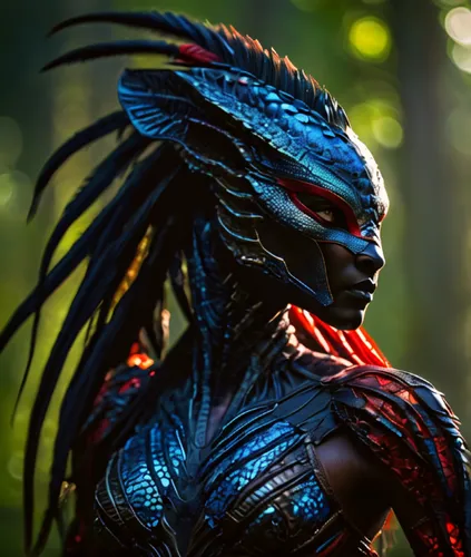 alien warrior,avatar,predator,black warrior,warrior woman,mystique,darth talon,dark elf,female warrior,garuda,fantasy warrior,shamanic,tribal chief,shaman,voodoo woman,red chief,neon body painting,fantasia,jaya,fantasy woman,Photography,General,Fantasy