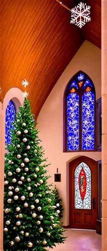 Christmas church, grandeur architecture, snowflakes gently falling, festive decorations, bright colorful lights, wreaths on doors, tall Christmas tree inside, stained glass windows, intricate stone ca