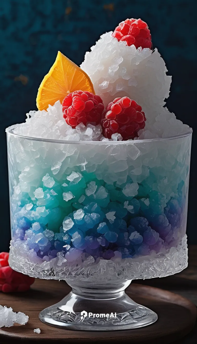 Describe a refreshing dessert made of finely shaved ice.,halo-halo,shaved ice,cocktail with ice,gelatin dessert,frozen drink,snowcone,red bean ice,water glace,snow cone,granita,nata de coco,icy snack,