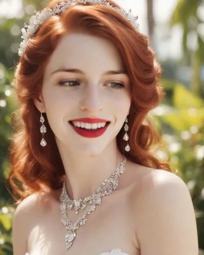 Beautiful redhead busty bride, smiling in a white dress at her luxurious wedding. Outdoor, sunshine, tropical. Photorealistic. complete delicate facial makeup, red lipstick, long wavy hair, diamon tia