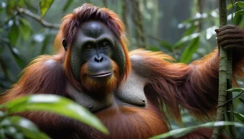 Clyde the orangutan, ape, primate, close-up, facial expression, relaxed posture, sitting, jungle, rainforest, trees, vines, misty atmosphere, warm lighting, soft focus, shallow depth of field, natural