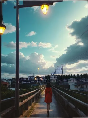 girl walking away,hosoda,harborwalk,boardwalk,woman walking,cloudstreet