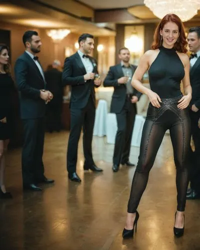 standing on high heels, men around her looking at her,salsa dance,go-go dancing,line dance,latin dance,dancing,tap dance,bridal party dress,argentinian tango,dancing couple,social,modern dance,suit tr