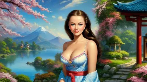 oriental painting,oriental princess,cheongsam,oriental girl,qixi,hanfu,geisha girl,fantasy picture,oriental,fantasy art,asian woman,concubine,landscape background,jinling,japanese sakura background,daiyu,shannxi,inner mongolian beauty,sichuanese,wuxia