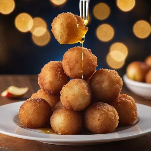 A plate of fried apple balls,panipuri,bollen,fried fritters,orsatti,longan,laddu,gulab jamun,croquettes,macadamias,coconut balls,kwek,gougeres,fritters,coxinha,karunakara,diwali sweets,boucheti,akara,