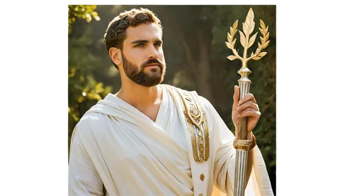 Ancient Greek male, philosopher, bearded, white toga, gold accessories, laurel wreath, scrolls, staff, standing, wisdom expression, warm sunlight, 3/4 composition, shallow depth of field, earthy tone,