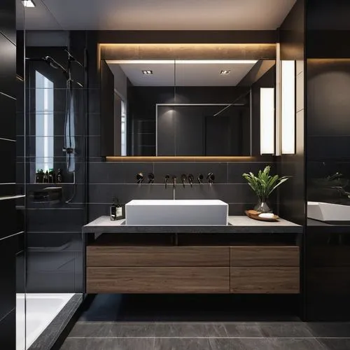 modern minimalist bathroom,luxury bathroom,dark cabinetry,shower bar,interior modern design,dark cabinets,bathroom,modern decor,bathtub,shower base,contemporary decor,interior design,modern room,modern kitchen interior,luxury home interior,modern style,kitchen design,3d rendering,shower door,bathroom cabinet,Photography,General,Realistic