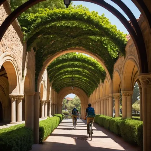 Stanford University, Romanesque Revival architecture, grandiose buildings, arches, columns, sandstone walls, red-tiled roofs, lush greenery, sprawling lawns, sun-drenched, warm afternoon light, Califo