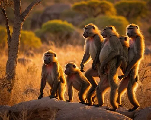 Troop of baboons, savannah setting, sunset time, warm orange light, acacia trees, dry grass, rocky outcrops, adult male baboon standing on hind legs, aggressive posture, sharp teeth and claws, brown f