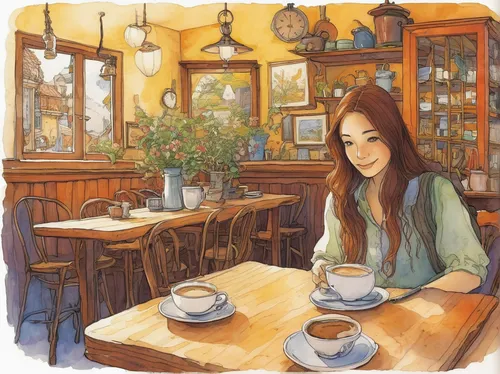 watercolor cafe,watercolor tea shop,woman at cafe,coffee tea illustration,tearoom,coffee tea drawing,watercolor tea,woman drinking coffee,coffee shop,coffee watercolor,cafe,the coffee shop,parisian coffee,café,coffeehouse,paris cafe,teatime,tea and books,coffee and books,cat's cafe,Illustration,Realistic Fantasy,Realistic Fantasy 04