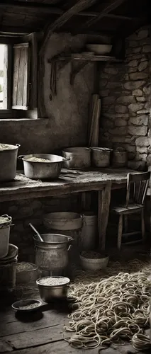 cooking pot,blacksmith,blackhouse,cheesemaking,cookery,victorian kitchen,hatmaking,rustic,basket weaver,basket maker,breadbasket,bannock,vintage kitchen,the kitchen,flour production,threshing,rustic potato,traditional house,kitchen interior,wooden buckets,Photography,Black and white photography,Black and White Photography 02