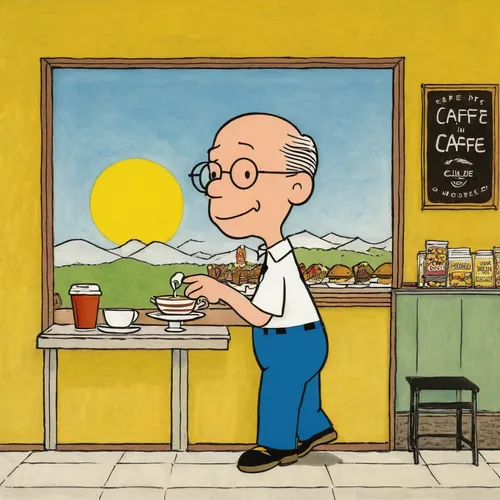 a man in caffe，by Charles Schulz,café au lait,the coffee shop,café,espresso,espressino,caffè americano,coffee tea illustration,coffee break,drinking coffee,coffee shop,the coffee,a cup of coffee,coffe