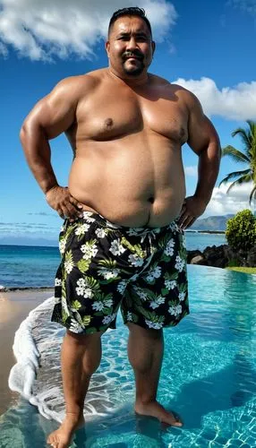 raw photo, burly chubby guy, tongan 40 years old, round face, fat, wet skin, joyfull face, black skin, wearing hawaiian shirt, full body shot, hands on waist, body hair on chest, fat chubby chest, chu