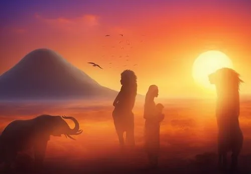 sunset at africa,pleistocene,prehistory,paleoindians,prosauropods,ancient people,cryptids,palaeocene,the dawn family,mammoths,akkadians,didelphimorphia,mountain sunrise,sauropods,sauropodomorphs,human