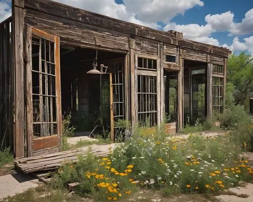 Abandoned architectural salvage yard, San Antonio, Texas, rustic old wooden doors, distressed metal gates, worn stone columns, reclaimed wooden planks, vintage industrial lamps, urban decay, afternoon