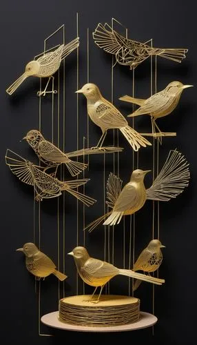 weathervane design,decoration bird,birds on branch,birds gold,golden parakeets,birds on a branch,orrery,bird migration,canary bird,ornamental bird,songbirds,an ornamental bird,gold finch,bird cage,key birds,flock of birds,migratory birds,finch,perching birds,wind chime,Art,Artistic Painting,Artistic Painting 50