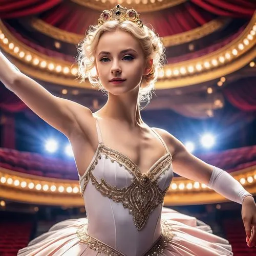 A stunning portrait of a 26-year-old blonde ballet dancering woman radiating strength and determination, standing confidently with hands on hips. She is dressed in a usual ballet dress, standing on an