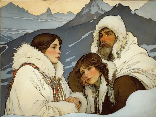 eskimo,alfons mucha,alpine hats,mucha,sarplaninac,suit of the snow maiden,young couple,whistler,snow scene,in the winter,winter clothing,utonagan,white fur hat,cover,candlemas,siberia,fur clothing,nunatak,alpine style,austro,Illustration,Retro,Retro 03