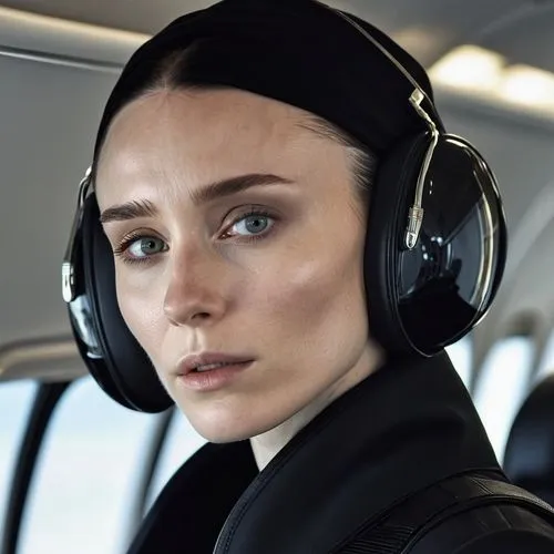 Rooney Mara wearing all black clothing, with pale skin and an expressionless face, inside a private plane.,wireless headphones,airpod,wireless headset,headset,headphone,headphones,airpods,bluetooth he