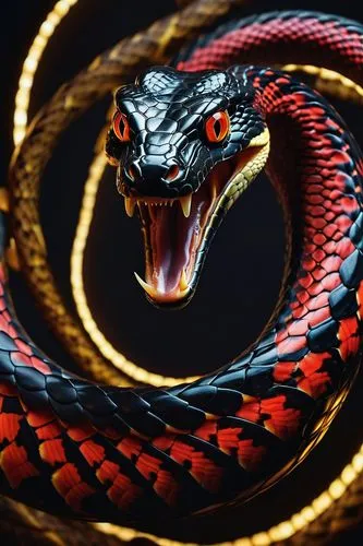 apture a photo-realistic image of a snake with dragon horns, no legs, adorned with black scales featuring intricate red and gold patterning. The snake should have colorful, beautiful eyes and be depic