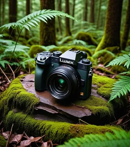 A LUMIX CAMERA IN A DARK FOREST WITH LIGHHT OF THE SUNLIGHT ,the camera is on a moss covered rock with leaves around it,helios 44m-4,sony alpha 7,helios 44m7,lubitel 2,helios 44m,minolta,Photography,G