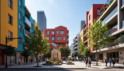 Vibrant cityscape, eclectic postmodern buildings, bold color schemes, irregular shapes, fragmented forms, mixed materials, steel beams, glass facades, abstract sculptures, urban plaza, pedestrian path