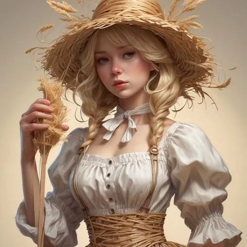 straw hat,girl with bread-and-butter,woman of straw,straw doll,milkmaid,country dress,victorian lady,woman with ice-cream,female doll,countrygirl,woman holding pie,pilgrim,the hat-female,straw flower,parasol,coconut hat,cowgirl,woman's hat,palomino,fantasy portrait,Conceptual Art,Fantasy,Fantasy 01